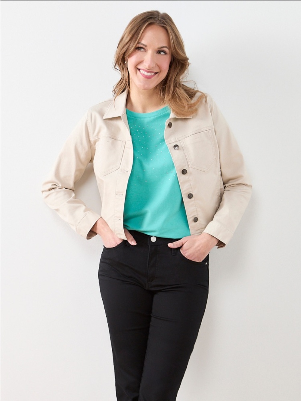 Cleo StoneColoured Cropped Fitted Denim Jacket Size S